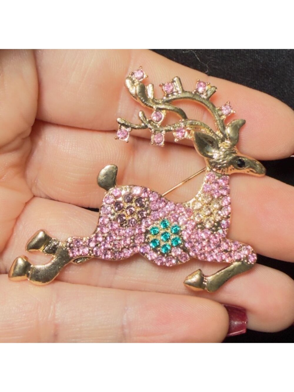 Rhinestone Reindeer Brooch Pink Turquoise Christmas Pin